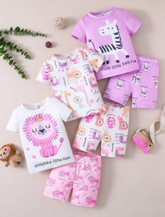 3pcs/Set Cartoon Lion, Giraffe, Zebra Printed Round Neck Short Sleeve Top & Shorts Snug Fit Home Wear For Baby Girls