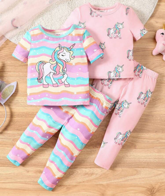 Baby Girl Snug Fit Unicorn Printed Short Sleeve Long Pants Pajamas Set (4pcs)