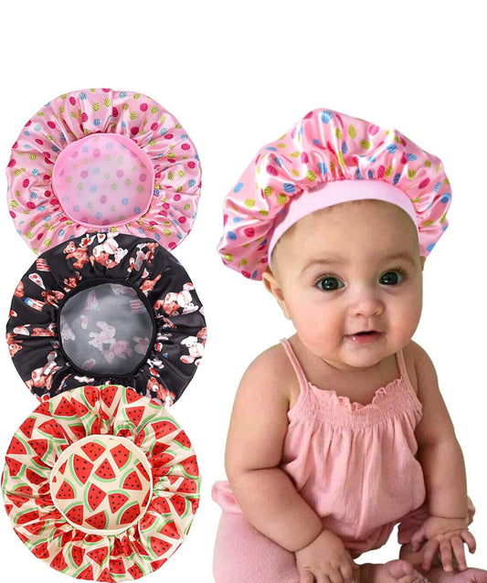 3 Pieces Kids Satin Bonnet Sleeping Cap Soft Silk Wide Band Night Hats for Natural Hair Teens Toddler Child Baby