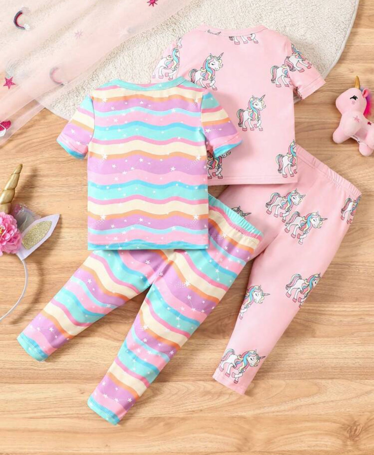 Baby Girl Snug Fit Unicorn Printed Short Sleeve Long Pants Pajamas Set (4pcs)