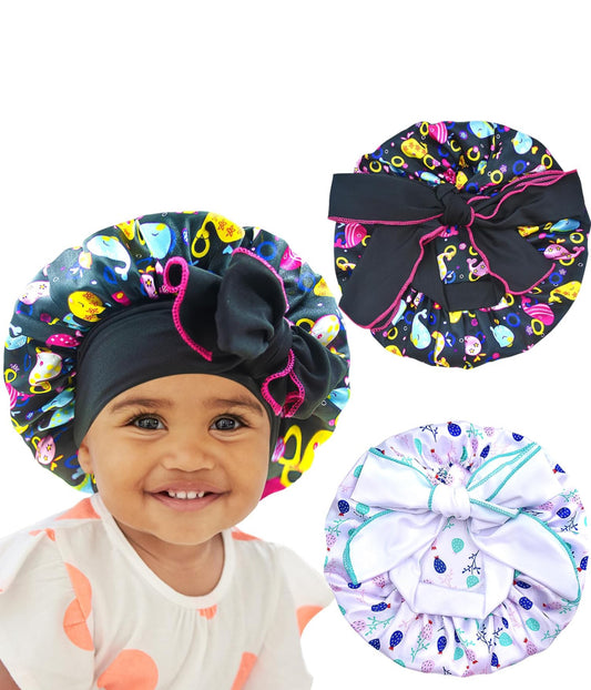2pcs Pack Pattern Baby Bonnet Kids Bonnet Infant Satin Silk Hair Bonnets for Girls Boys Toddler Newborn Infants with tie Band Bow 0-36 Month