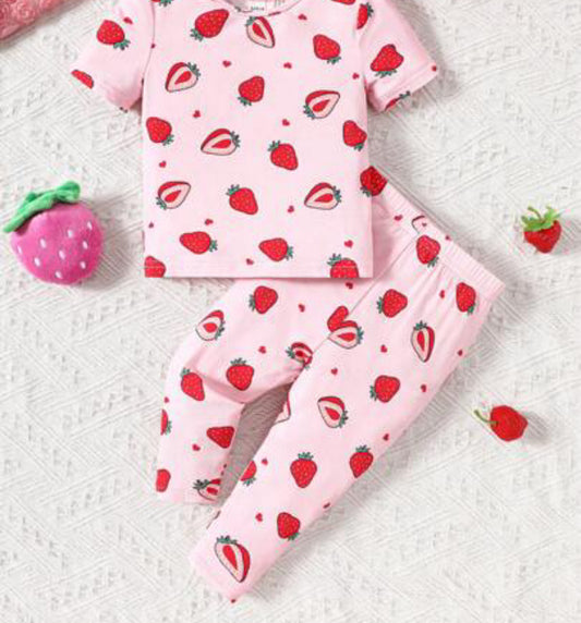 Baby Girl Snug Fit Strawberry Pattern Sweet And Cute Knit Pajama Set