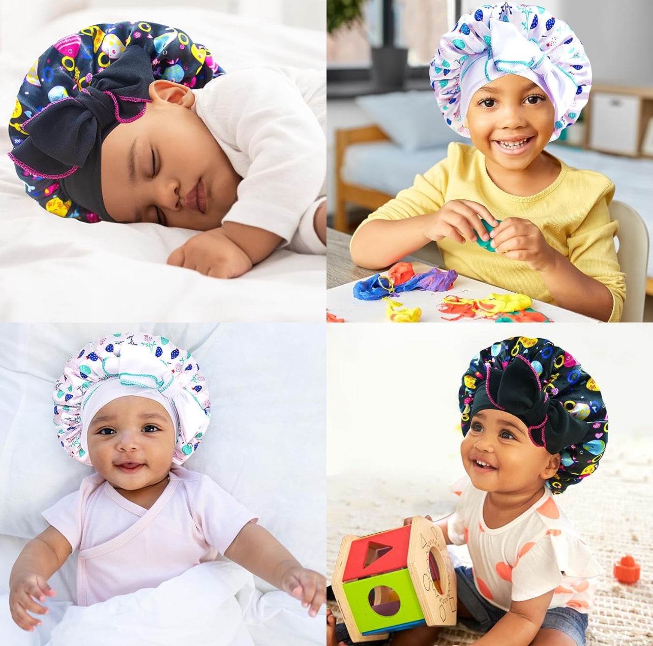 2pcs Pack Pattern Baby Bonnet Kids Bonnet Infant Satin Silk Hair Bonnets for Girls Boys Toddler Newborn Infants with tie Band Bow 0-36 Month