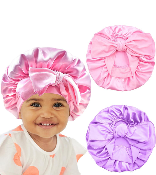 2Pcs Baby Bonnet Newborn Kids Bonnet Infant Satin Silk Hair Bonnets for Girls Toddler Newborn Infants with Tie Band Bow 6-12 Months